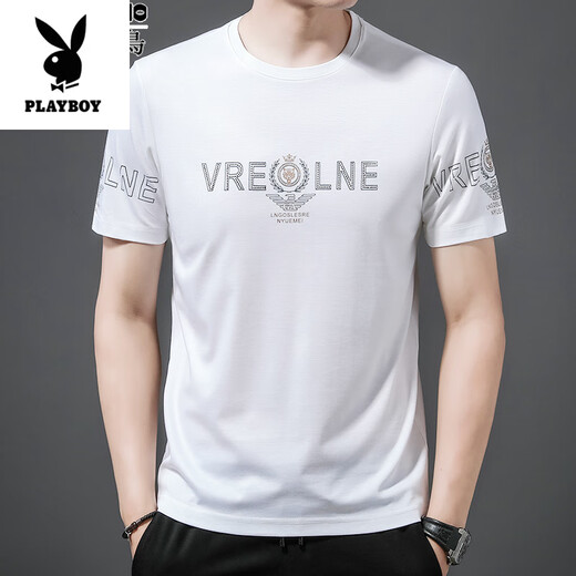 Playboy (Playboy) High-End Ice Seide Kurzärärmelte T-Shirt für Herren Sommer Neues loses halbärmelige T-Shirt für die dünne gedruckte Eissensenmarke für Männer t 719 Pflanze Weiß M 165/ Empfohlen 95-120jin [Jin gleich 0,5 kg]