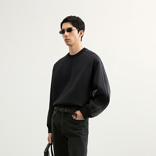 Sketch Men's 2025 Spring New Arrival Top Denim Spliced Pullover Sweatshirt Loose Long Sleeve American Casual 9P1412310 001 Black S