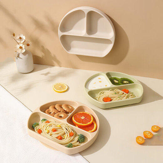 Beeshum Baby Mahlzeit Teller geteilter Teller Kinder Silikon ergänzende Lebensmittelschale Cartoon Anti-Fall-Saugbecher Baby Tabelle Export Ins Style weiße Platin-Silikonmahlzeitplatte