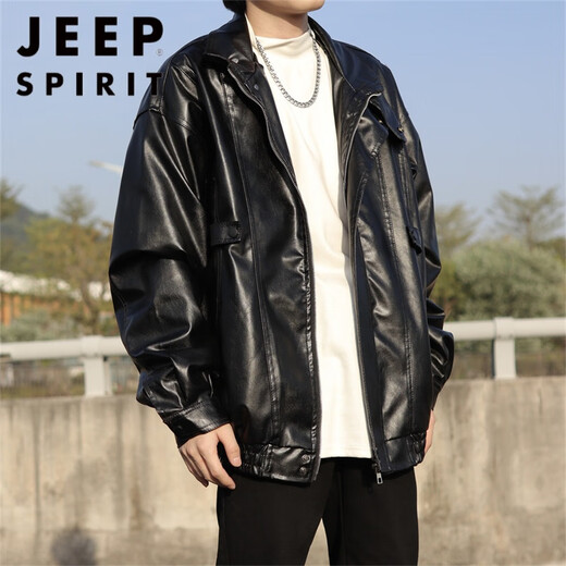 
JEEP SPIRIT American retro motorcycle leather jacket men's spring and autumn new street handsome ins trendy high-end leather jacket W9227 black XL