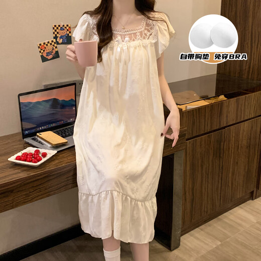 Xiangyaxin summer chest pad short-sleeved nightgown for women woven cotton 2024 new summer sweet princess style home clothes pajama thin 9901-4 color love M