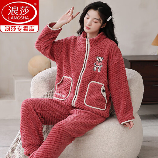 Langsha Marke Pyjamas für Frauen im Herbst- und Winterkorallen-Samt plus Samt verdickte Dicket können mit großer Reißverschlussflanell-Hauskleidung 9717 doppelseitig Jacquard Velvet M [Empfohlen 80-100 Jin [Jin Equals Equals ärgerlich]] getragen werden.