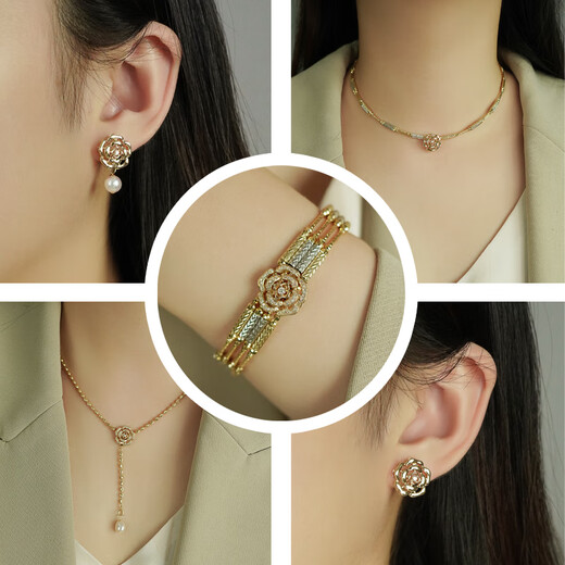 Chishe 18K Hollow Camellia Bright Diamond Earrings Pendant Women's Small Fresh Light Luxurious Trendy Earrings Ins Simple and Versatile 12.5mm Light Gold (Pendant) Customized