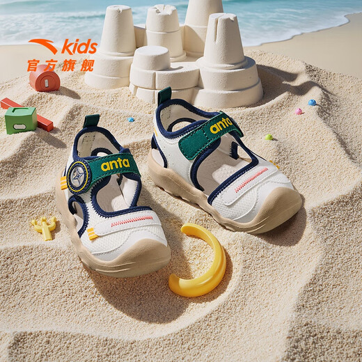ANTA children's sandals, men's and women's shoes, 2025 summer new breathable Velcro octopus toe and foot protection beach shoes for men, ivory white/new ink blue-5 20, shoe inner length 12cm