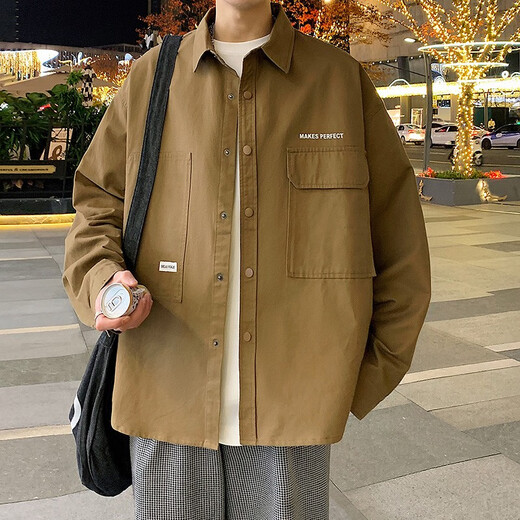 酷章男士衬衫夹克春季高青少年秋冬加绒工装外套日系休闲薄款男装 黑色新面料6198 均码 m