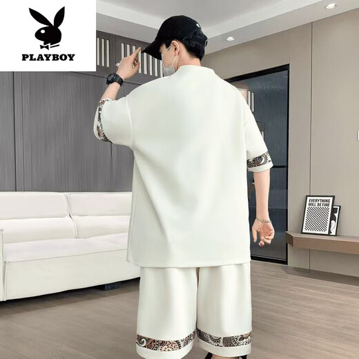 花花公子（PLAYBOY）2025夏季新款短袖青年潮流大码休闲运动套装男士时尚百搭两件套潮 【夏季套装】6195白色 M 90-110斤