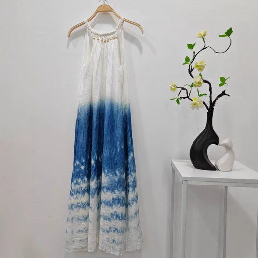 Shan Nanweis originales Yunnan-Kleid aus reiner Isatis-Wurzel aus reiner Pflanze, handgefertigtes, gebatiktes blaues Kleid, kunstvolles langes Rock-Hosenträgerkleid 9902# Einheitsgröße