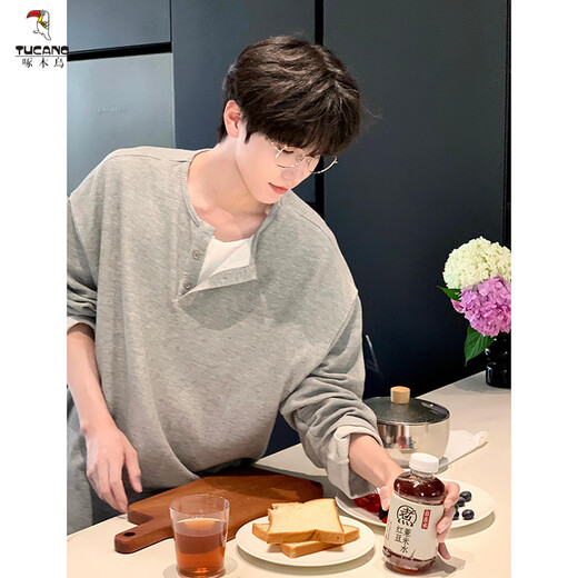 Woodpecker (TUCANO) gray fake two-piece long-sleeved Henry collar t-shirt men's summer waffle sweatshirt American sports inner layering shirt gray/quality upgrade 90% of buyers choose M 105-120Jin Jin equals 0.5 kg