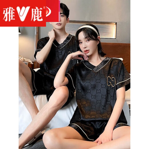 Yalu Couple Silk Pajamas Summer des femmes à manches courtes pour femmes Grande taille 200 Jin [Jin équivaut à 0,5 kg] Été Vêtements à domicile pour hommes Ice Silk Thin Style 6 688 # -4 Double G Black Jacquard M Goddess + Dieu masculin L L
