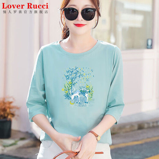 Liebhaber Rucci reines Baumwoll-Eisblau mit mittlerem Ärmeln T-Shirt für die sieben Viertelhülse für Frauen für das lose altersreduzierende T-Shirt für Frühling und Herbst.
