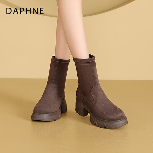 达芙妮（DAPHNE）厚底短靴女2025春秋新款粗跟单靴一脚蹬高跟袜靴百搭瘦瘦靴 卡其色 单层 跟高5.5CM 35 标准码