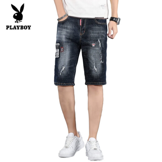 Playboy (PLAYBOY) Ripped Denim Shorts Men's Five-point Breeches Trendy Brand Ins Seven-point Mid-Pocket Trendy Half-point 5-point Pants Summer Thin K#869 Blue and Black [Five-point Micro-Boom] XL 32