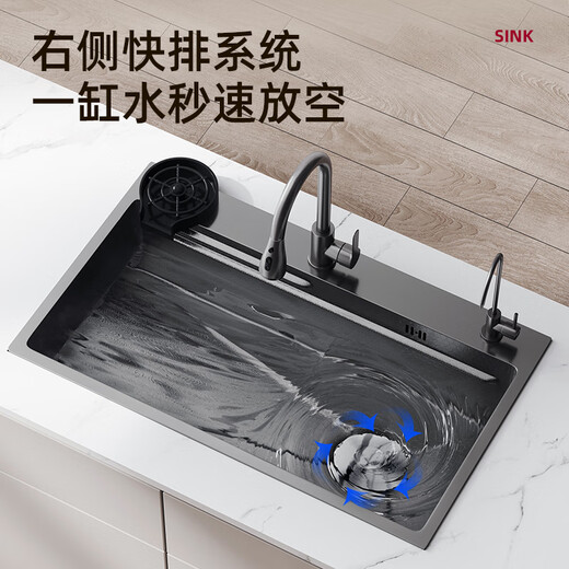 九牧枪灰色家用水槽加厚SUS304不锈钢手工大单槽厨房洗菜盆洗碗槽水池 标准套餐+圆形抽拉龙头 680*450mm需要左排水联系客服