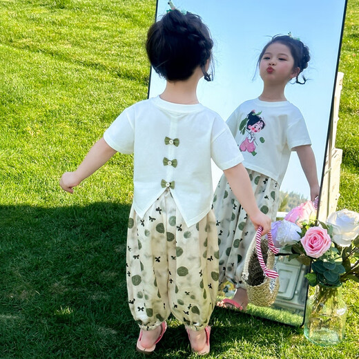 怡菲朵童装女童夏装套装2025新款儿童洋气短袖女宝宝格子裤T恤两件套夏 米白色 100
