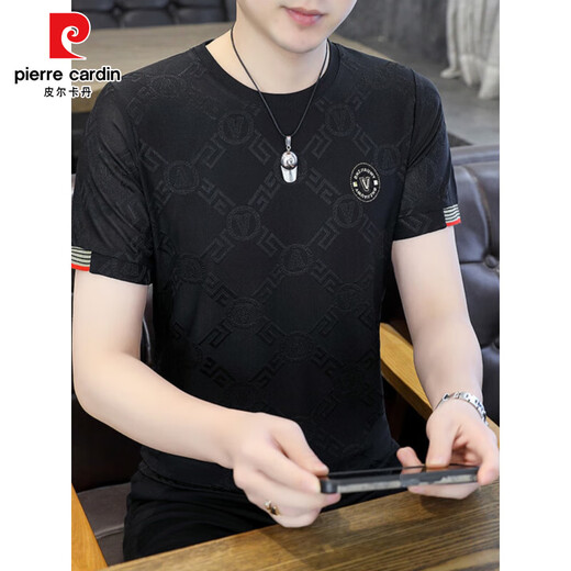皮尔卡丹冰丝短袖T恤男士夏季修身半袖速干体恤薄款加大码潮流帅气上衣服 DX869V字-卡其色 L