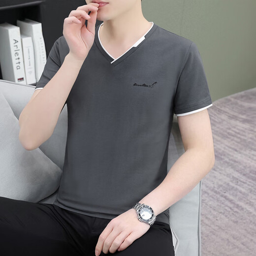 七匹狼（septwolves）夏季纯棉男士短袖恤领薄款修身青年潮流半截袖男休闲鸡心领体恤 白色 QY694 M 【95-115斤】