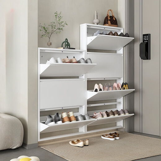 Meiman Haoma Gabinete de zapato de volcado de acero Muro colgante en la puerta del hogar Aire Simple Apartamento pequeño Gabinete de calzado extremadamente estrecho Gabinete de entrada de 12 cm 10 cm White Silent 655 ancho de cuatro cubos Conjunto de entrega de pedidos