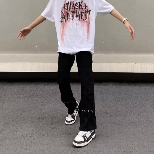 黑盒白美式高街设计感排扣牛仔裤男士春夏季ins潮牌直筒宽松微喇长裤子 DFFS-756黑色 XL