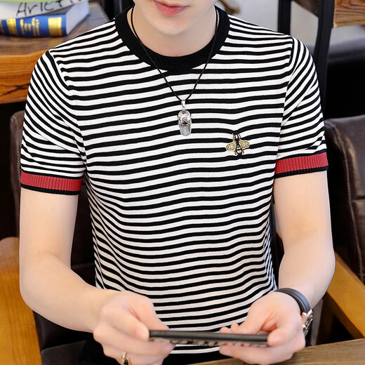 
Seven Wolf Tik Tok Knitted Ice Silk Short Sleeve Men's Summer 2023 New Fashion Brand Slim High-end Round Neck T-shirt Spot 1518 Black M