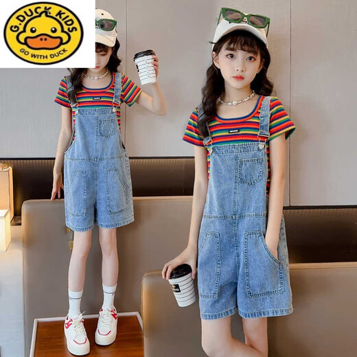 G.DUCKKIDS女童裤子夏季薄款2025年儿童背带裤潮款夏天短裤外穿牛仔裤中大童 蓝色 单件背带裤 140 cm