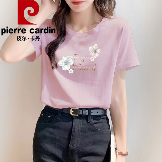皮尔卡丹（pierre cardin）正肩纯·棉粉色t恤女短袖宽松时尚百搭体·恤夏季2025年新款上衣 6296白色 短/袖 M (建议80-105斤)