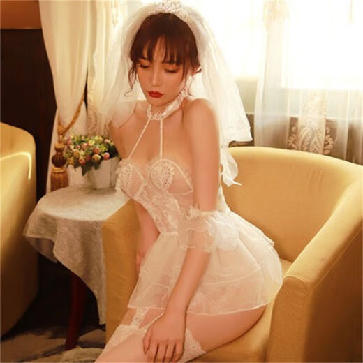 婚纱情趣女性感睡衣透明蕾丝婚纱情趣制服挑逗火辣诱惑套装裙 纯情白套装+9756+模特袜 均码80-120斤