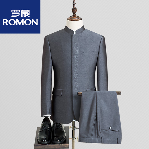 ROMON Chinese stand collar suit, Chinese tunic suit, men's embroidered Chinese style Tang suit, Chinese wedding banquet dress, performance clothing, gray (top + pants) 165A