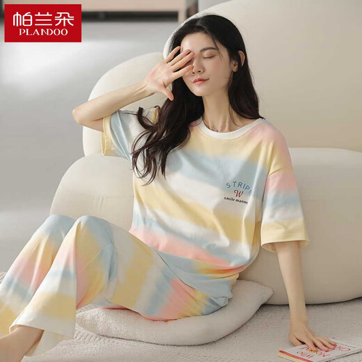 Langsha 2025 pijama para mujeres en primavera y verano algodón puro pantalones de manga corta delgada coreana lindo arco iris contrastante de color de ropa para el hogar