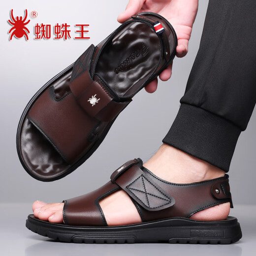 Spider KING (SPIDER KING) sandals men's summer new trendy leather breathable casual beach shoes soft sole non-slip trendy Roman shoes black Z6189 leather cowhide 40 standard leather shoe size