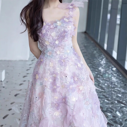 Pink and purple princess dress with straps and evening gown for students coming of age, fairy art test, vocal piano performance costume, pink and purple M