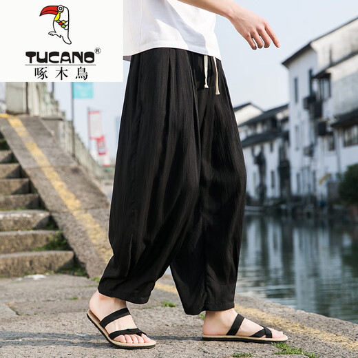 啄木鸟（TUCANO）中国风亚麻裤男夏季薄款宽松直筒棉麻休闲阔腿灯笼哈伦裤冰丝裤子 K123卡其色 L