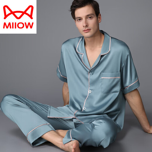 猫人（MiiOW）睡衣男夏季真丝薄款短袖长裤春秋家居服丝绸感欧美2025新款 黑灰色 3899 XL (体重130-155斤)