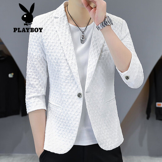 花花公子（PLAYBOY）西服男士夏季中袖上衣薄款修身七分袖休闲小西装潮流男装夏装外套 白色 M 80-102