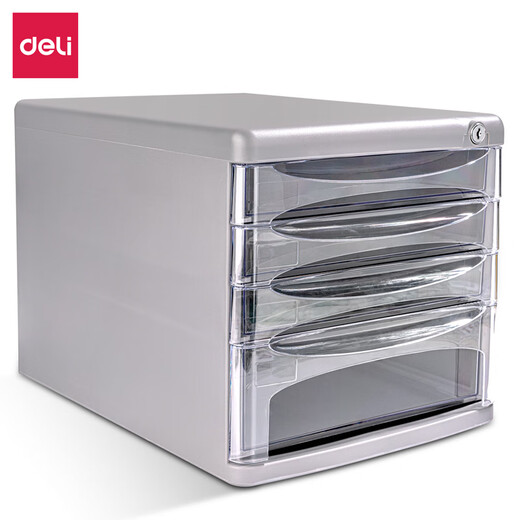 Archivo de escritorio Deli (deli) con cajón de bloqueo Tipo de cajón de gran capacidad Gabinete de almacenamiento de plástico con suministros de oficina de índice gratuito Suministros de oficina Bloil [gris] Cajón transparente de cuatro capas 9794