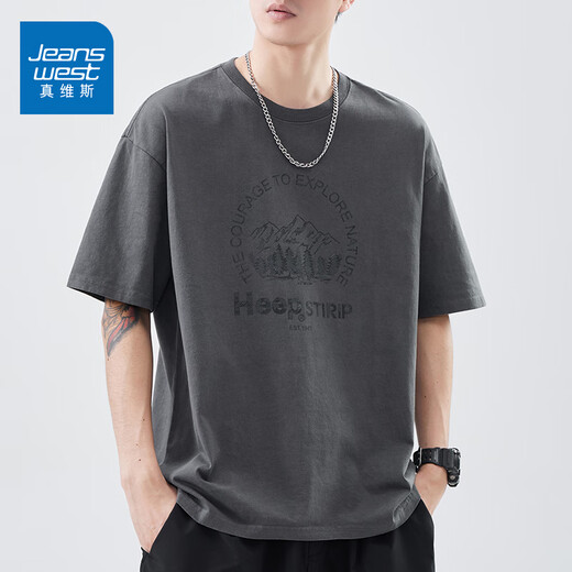 真维斯（Jeanswest）美式潮流短袖T恤男夏季新款印花宽松圆领半袖休闲体恤男装上衣服 黑色5008D XL 【建议130-150斤】