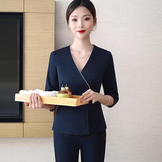 京芽产康师育婴师工作服高档美容院养生馆SPA会所月子中心制服套装 藏青套装 6296 M 建议90-100斤