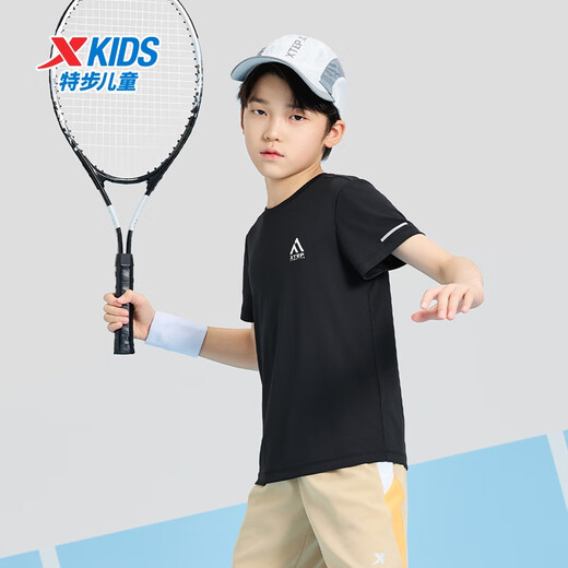 Xtep Kinder Sommer Kurzarm Pullover Kurztiere T-Medium Large Children Jungen Atmungsfreie Komfort Sport und lässige T-Shirts Echtes Schwarz [9215] Einen Größe M 150