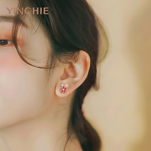 Ginqianhui 999 sterling silver cat earrings for women, high-end light luxury niche peach blossom earrings and earrings as birthday gifts for girlfriends. Flower earrings with cats/999 pure silver + seven warehouse delivery/next day delivery. Bow gift box for wife/Valentine's Day girl gift/999 pure silver with certificate.