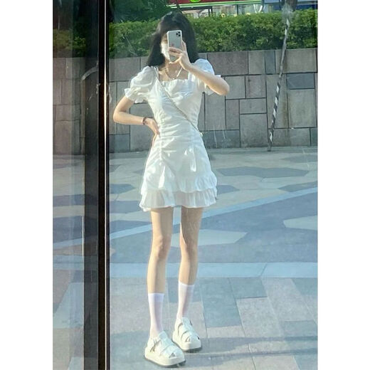 FHHUABD网红小白裙女夏季小个子清纯显瘦收腰可甜初恋系白色泡泡袖连衣裙 698#【黑色 长款】 XL  建议110-120斤