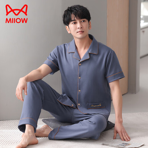 Catman (MiiOW) Fatty Men's Pajamas Short Sleeve Summer 330 Jin [Jin equals 0.5 kg] Add fat and loose size 300 Jin [Jin equals 0.5 kg] Cotton home clothing men HDE12004 black 6XL