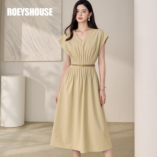 ROEYSHOUSE罗衣知性卡其色V领连衣裙女2025夏季新款休闲大摆显瘦中长裙12149 卡其色 XL