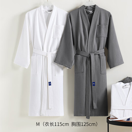 Bamboo one hundred bathrobe, pure cotton absorbent bathrobe, simple home bathrobe, sweat steaming clothes, waffle men's and women's nightgown, gray size M