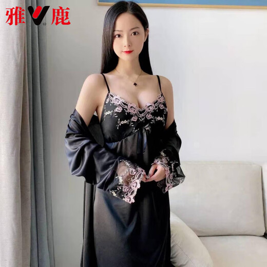 雅鹿高档新款睡衣女夏季冰丝睡袍两件套蝴蝶结女吊带睡裙家居服风百搭 香槟色 688两件套带胸垫 XL 125-135斤