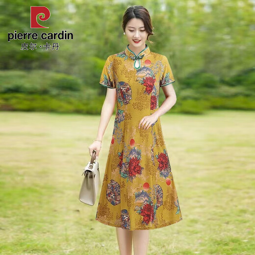 皮尔卡丹旗袍女中长款夏季女装2025新款中年妈妈短袖旗袍裙改良复古连衣裙 698红色 3XL 建议125-136斤