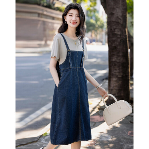 
Demana [Fake two pieces to play with layering] Summer round neck pure cotton short-sleeved knitted denim women's dress