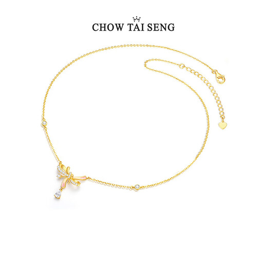 Chow Dasheng Bow Necklace s925 sterling silver women's clavicle chain light luxury niche high-end gift for girls birthday gift streamer bow