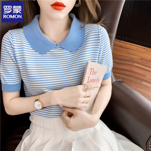 Romon striped doll collar short-sleeved T-shirt for women 2025 summer new ice silk sweater thin small age-reducing top DX691# yellow M Recommended 100-120Jin [Jin equals 0.5 kg]