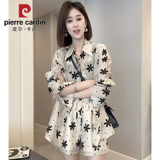 
Pierre CARDIN sunscreen shirt women's suit 2025 summer fashionable top shorts two-piece set fashionable 826 black rice flower set L recommended 105-115Jin [Jin equals 0.5 kg]