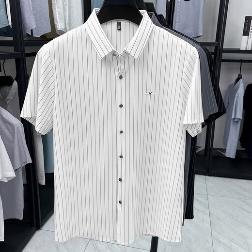 
Classic Car Summer Men's Jinmin Short Sleeve Shirt Striped Breathable High Elastic Anti-Wrinkle Non-Secret Business Casual Shirt Men's New Style AN15277 Gray M