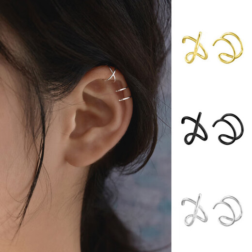 Double-layer earrings for women without pierced ears, elegant lines, cross ear clips, fashionable and simple autumn and winter earrings, silver